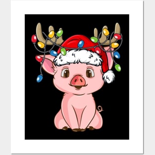 Pig With Santa Hat Reindeer Antlers Christmas Lights Posters and Art